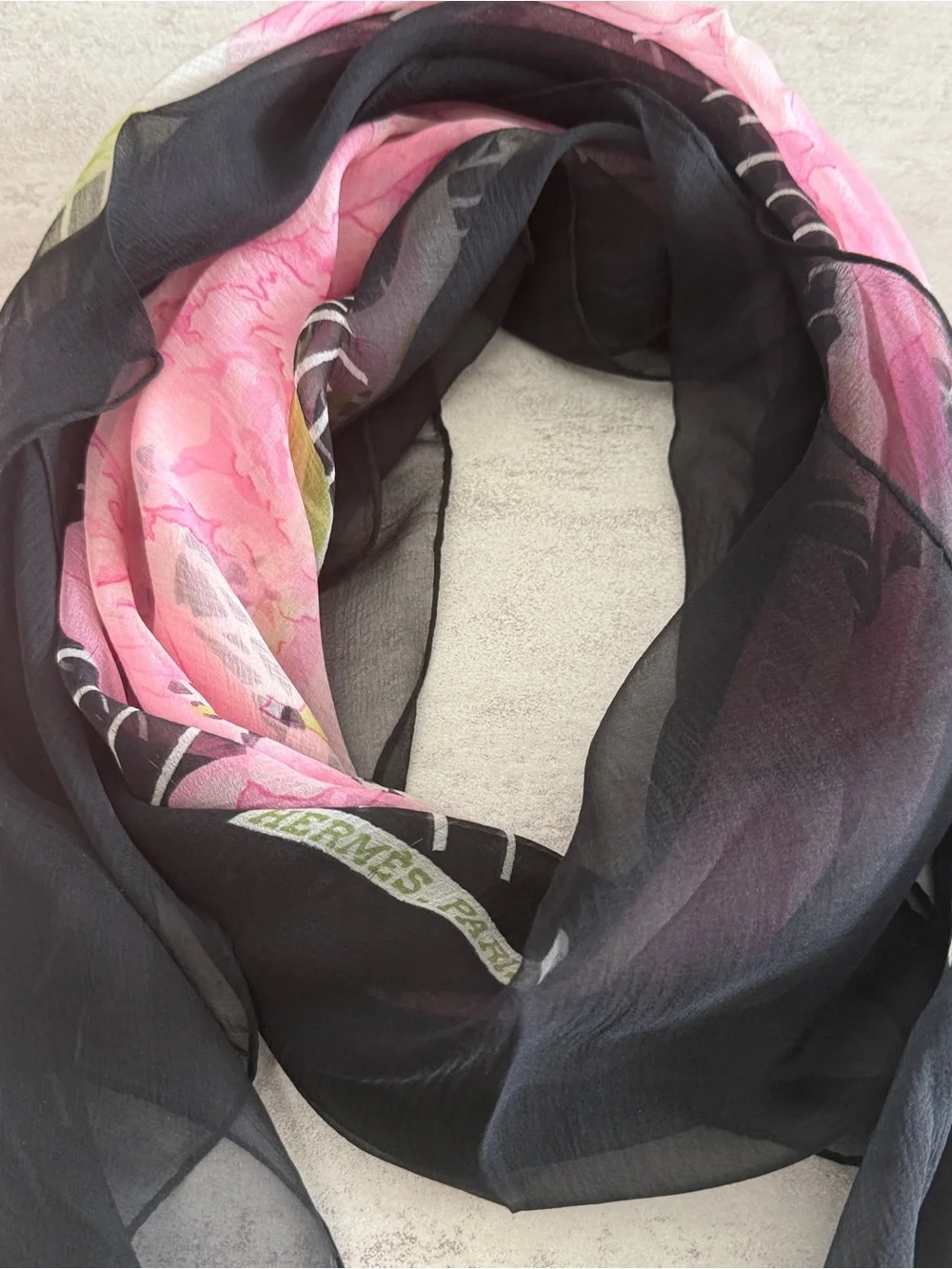 Hermes Pink Floral Silk Scarf with Black Border and Green Leaves